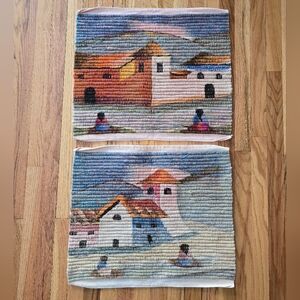 Set Of 2 70s Alpaca Wool Peruvian Folk Art Wall Hanging Tapestry Latin 20X17